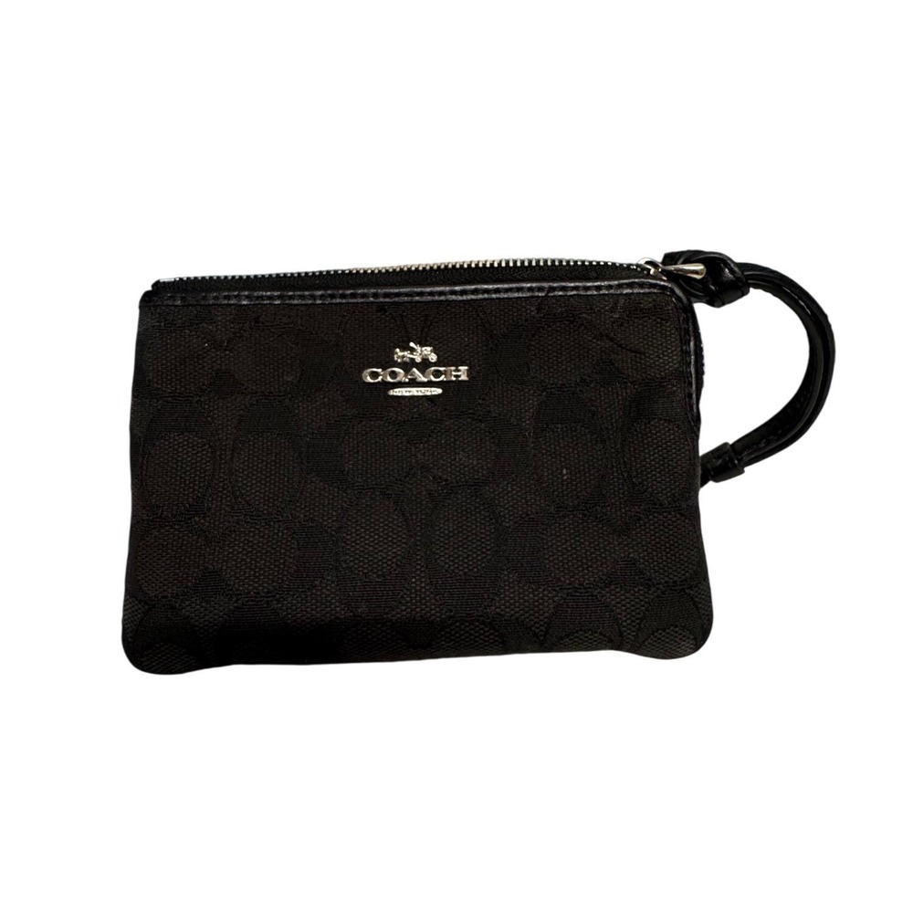 Coach Black Signature Monogram Canvas Small Wristlet Zip Pouch Wallet